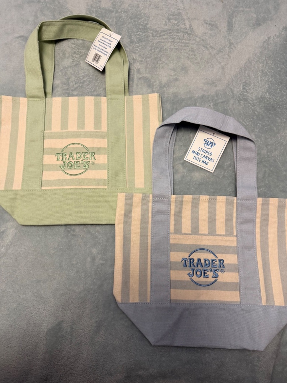 Trader Joe's Mini Canvas Tote Bag Set of 2 Blue & Green NWT Bundle